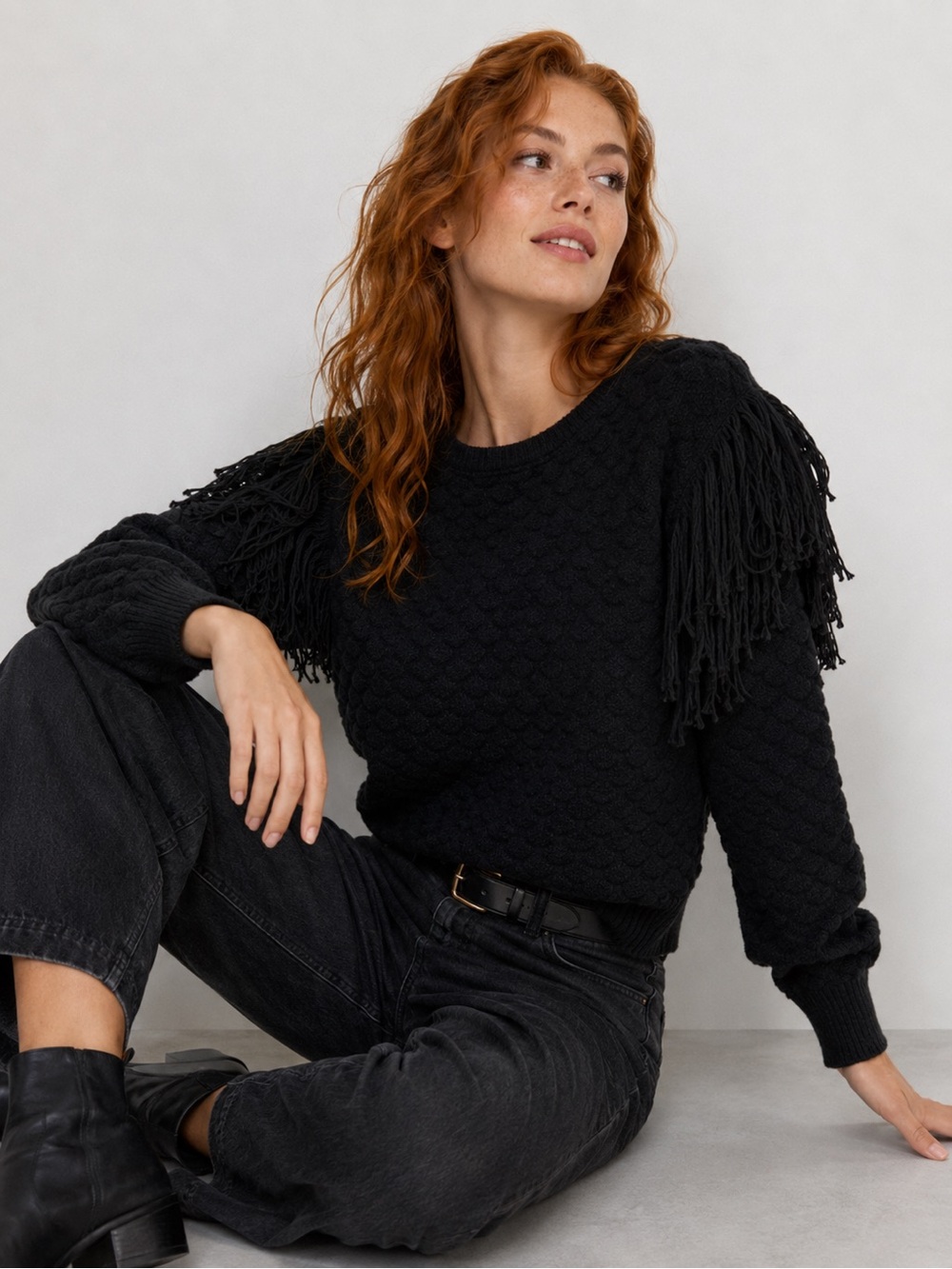 Black Textured Sweater with Fringe Details
